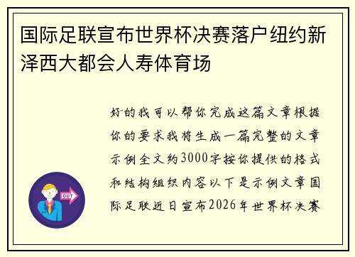 国际足联宣布世界杯决赛落户纽约新泽西大都会人寿体育场